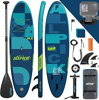 ALLPICK Premium SUP Board Set, Stand Up Paddling Board Aufblasbar, Mit Universal Kamerahalterung, Komplettes Zubehör, Verstellbares Paddel, Anfänger, Fortgeschrittene, 200kg