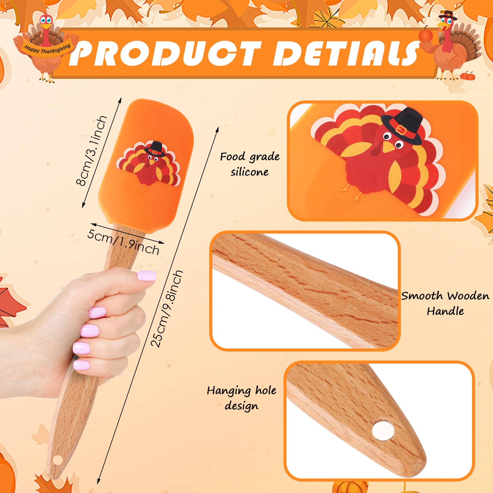 6 Pcs Thanksgiving Silicone Spatula Turkey Hat Chestnuts Pattern Holiday Spatulas Heat Resistant Spatula with Wooden Handle Thanksgiving Silicone Scraper with Ribbon Bows for Thanksgiving Party Gifts