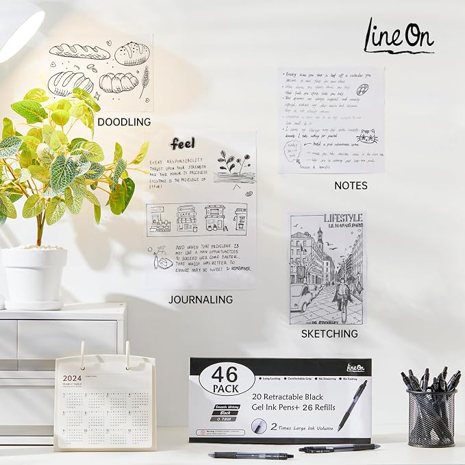 Set de 46 bolígrafos Lineon gel negro retráctiles y recambios miniatura 5