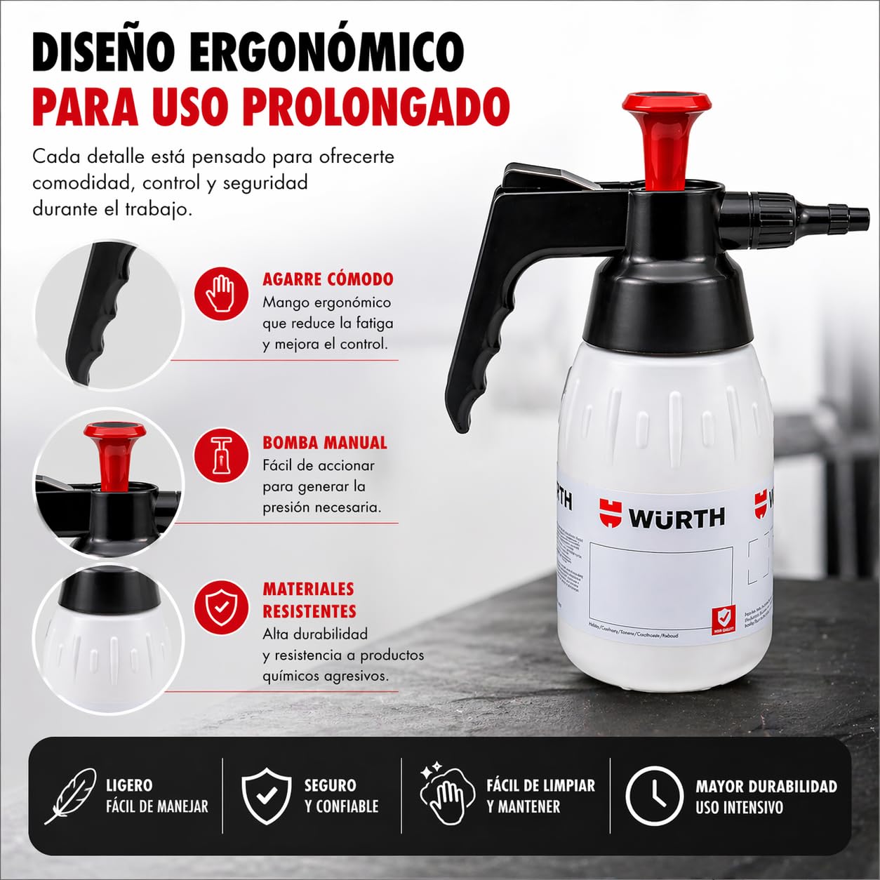 Wurth Pulverizador Presión Químicos y acidos Profesional, Pulverizador Industrial Ideal para Detailing Coche, Taller e Industria, Boquilla Ajustable - 1 Litro