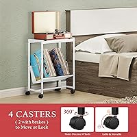 Vista 5 de Mesa de tocadiscos, soporte para tocadiscos de 2 niveles con 3 divisores de liberación rápida, soporte para discos de vinilo con 4 ruedas, soporte