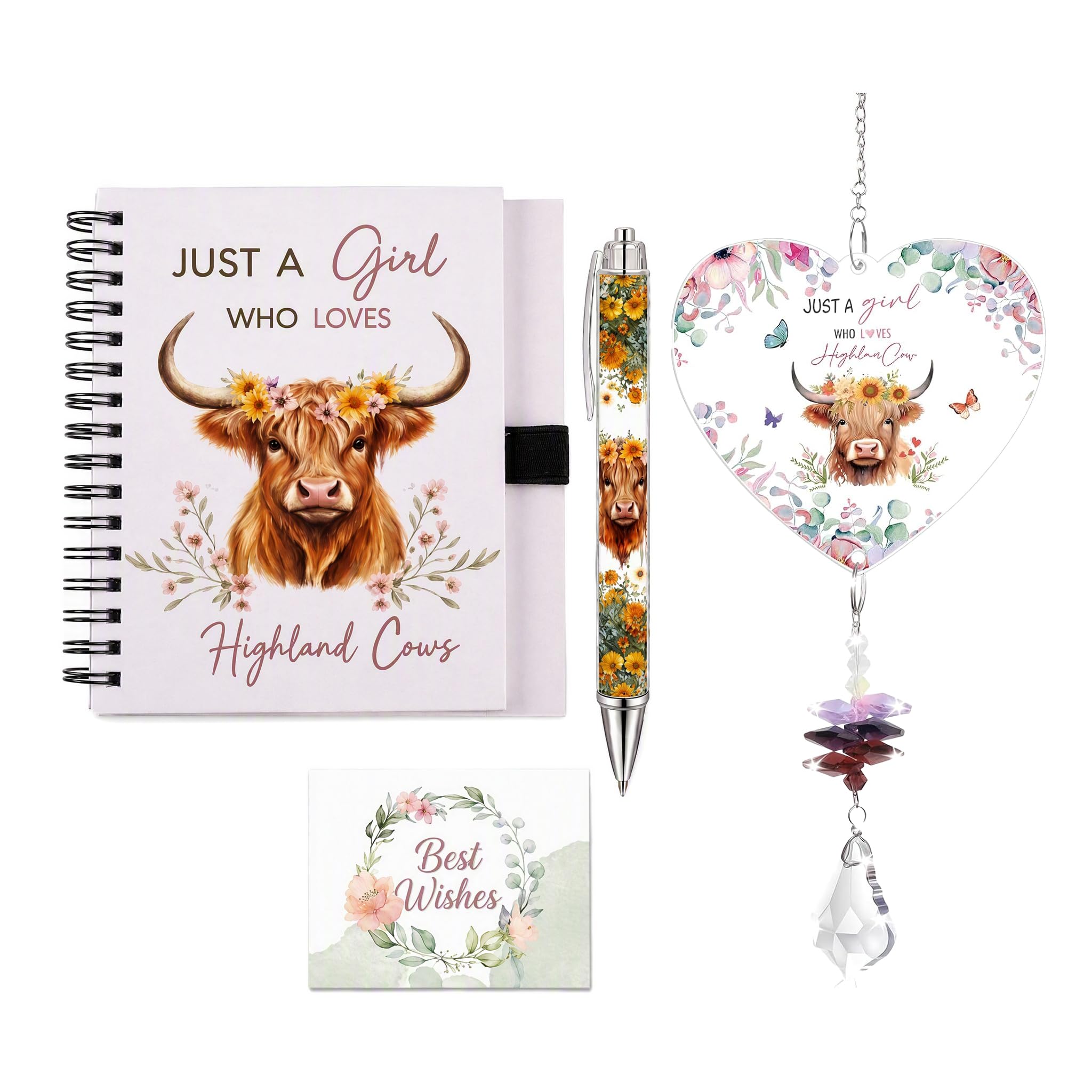 YANFALE 5PCS Highland Cow Gift Set for Women, Cute Highland Cow Themed Gifts with Suncatcher, Notebook, Pen, Card & Organza Bag, Cow Lover Gifts for Friends, Birthday Present