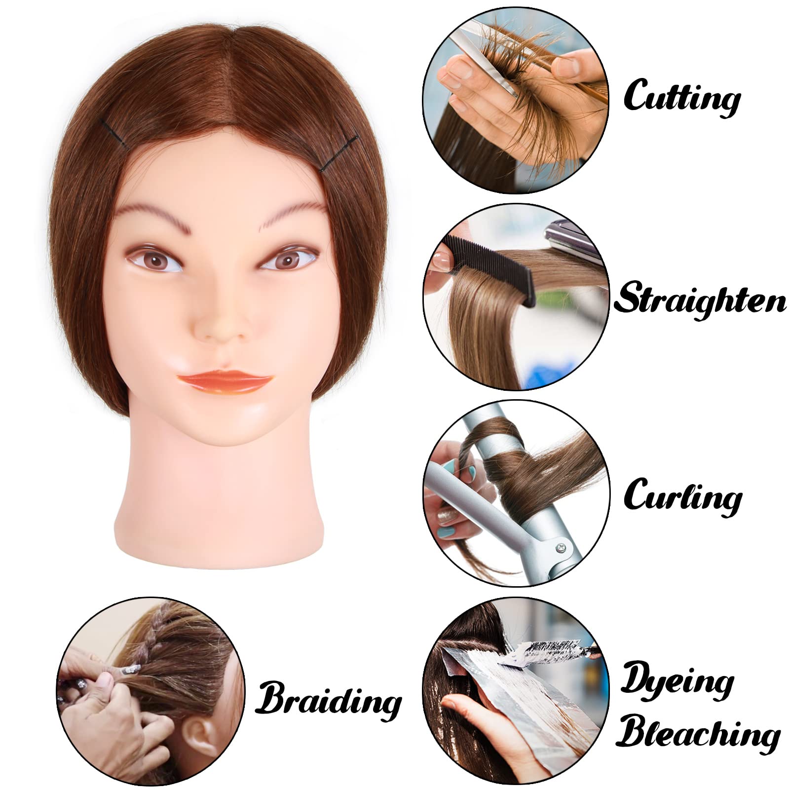 Mannequin Head with 100% Human Hair 20-22" Cosmetology Mannequin Head with Real Hair for Hairdresser Manikin Head Doll Head for Practice and Hair Cutting with Free Clamp & Hairdressing Tools (Brown)