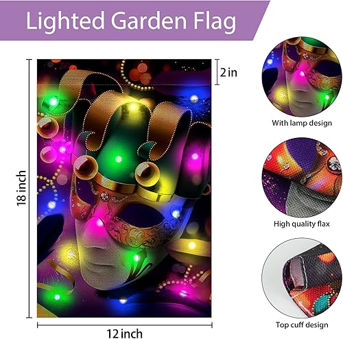 Miniatura 2 de Mardi Gras - Bandera de jardín iluminada de doble cara con cuentas de mascarada bandera de patio de doble cara flor de Lis para carnaval bandera