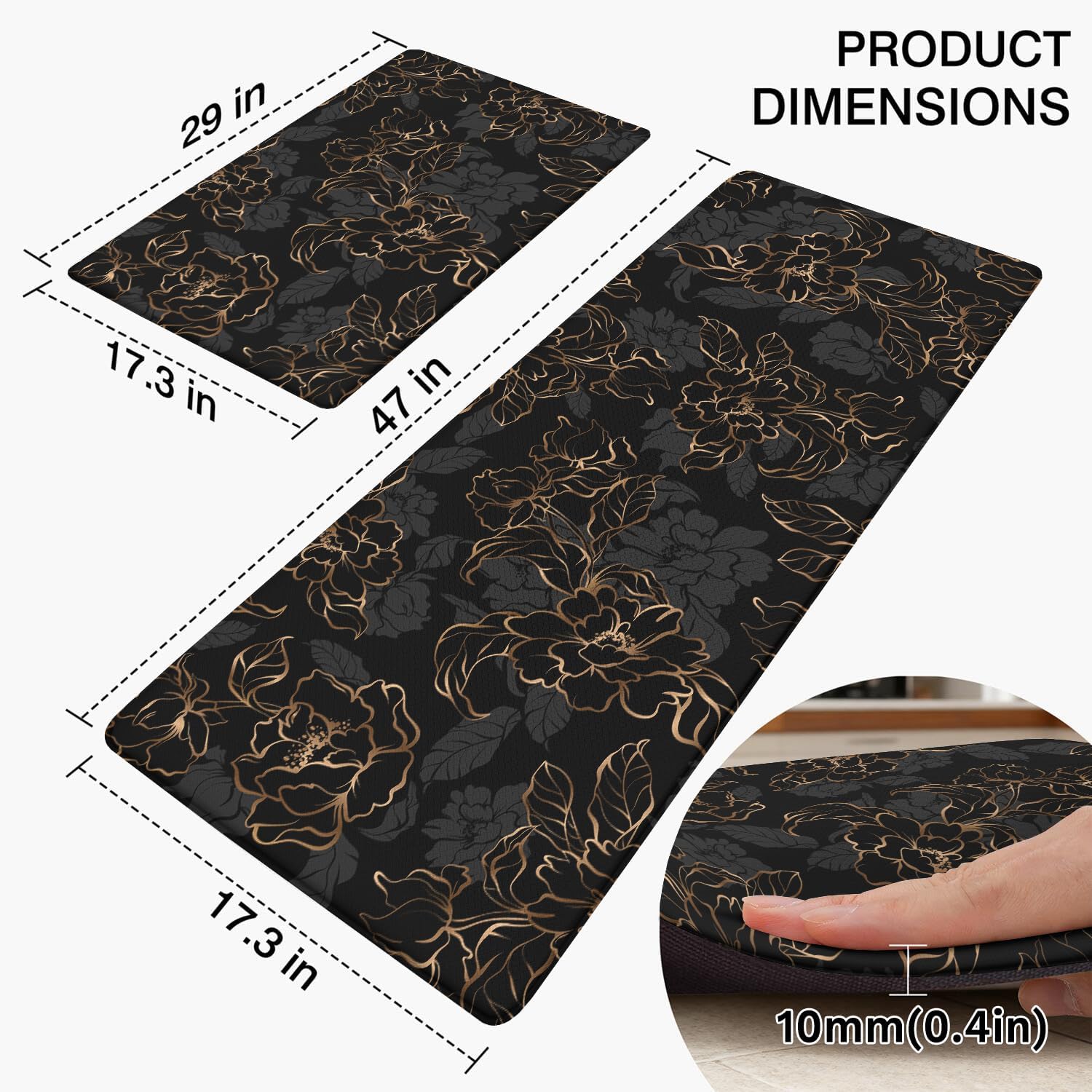 Anti Fatigue Black Kitchen Rugs Set of 2, Gold Flower Kitchen Mats for Floor, Floral Kitchen Decor, Anti-Slip Foam Standing Mat, 17x30 Inch Sink Mat + 17x48 Inch Runner Rug