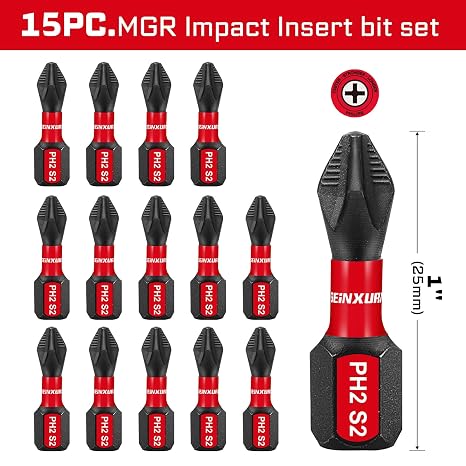 Geinxurn Impact Tough #2 Phillips 1 in. Anti-slip Head Insert Driver Bits,15Pack 1/4 Inch Hex Shank Cross Magnetic PH2 Screwdriver Bits Set