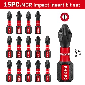 Geinxurn Impact Tough #2 Phillips 1 in. Anti-slip Head Insert Driver Bits,15Pack 1/4 Inch Hex Shank Cross Magnetic PH2 Screwdriver Bits Set