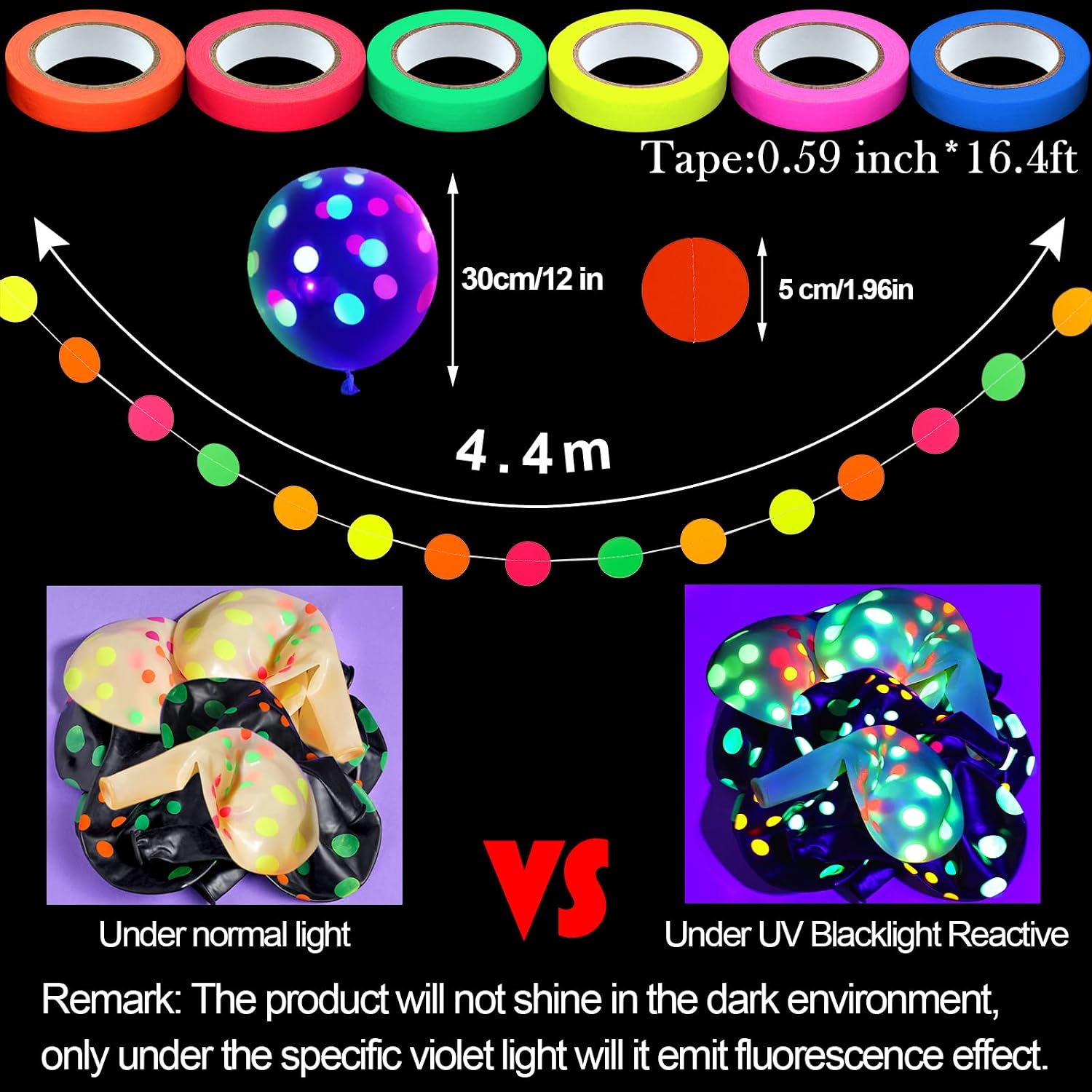 Skylety 32 Pcs Glow in The Dark Party Supplies Neon Party Favors with 25 Fluorescent Balloon 6 Rolls 98.4 ft UV Blacklight Luminous Tape 14.4 ft Neon Streamer Garland for Adults(Bright Big Dot)