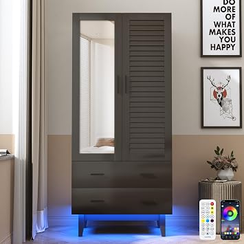 Hlivelood 2 Door Armoire Wardrobe Closet Cabinet with Mirror, Drawers and LED Lights, Multi-Tier Shelves, Hanging Rod & 2 Louver Doors, Large Capacity Storage Wardrobe Armoire for Bedroom, Black