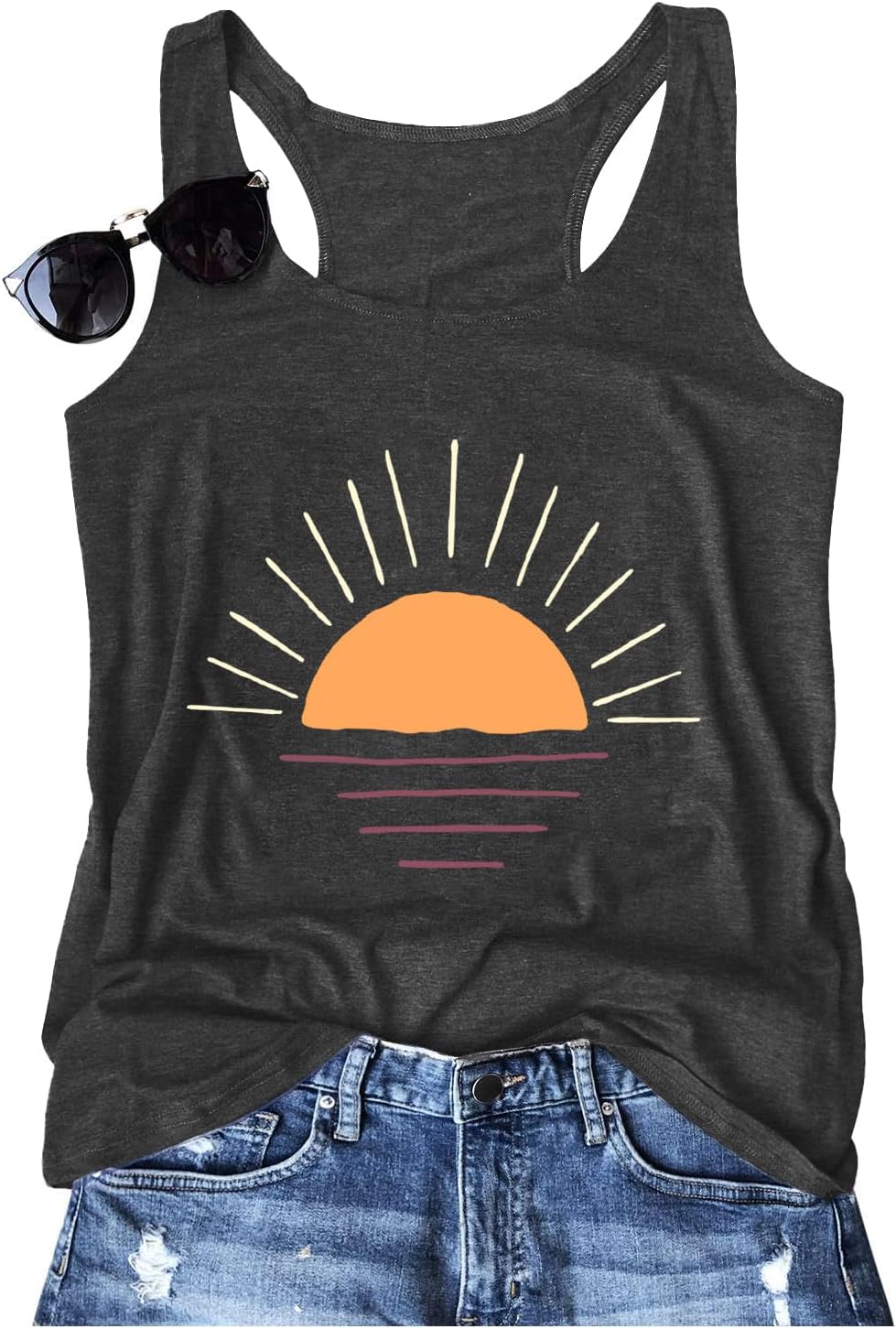 Women Vintage Beach Graphic Racerback Tank Top Summer Vacation Hawaiian Sunset Sun Sand Sleeveless Basic-Fit Shirt Cami