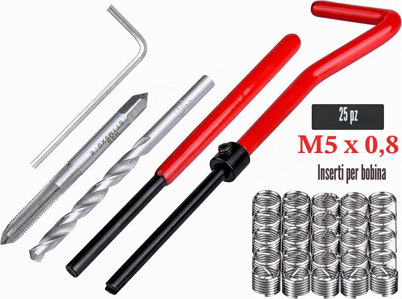 Kit di riparazione filettatura M5 x 0,8 mm, kit di riparazione per filettatura in acciaio inox, compatibile con Helicoil Coil per riparazione auto