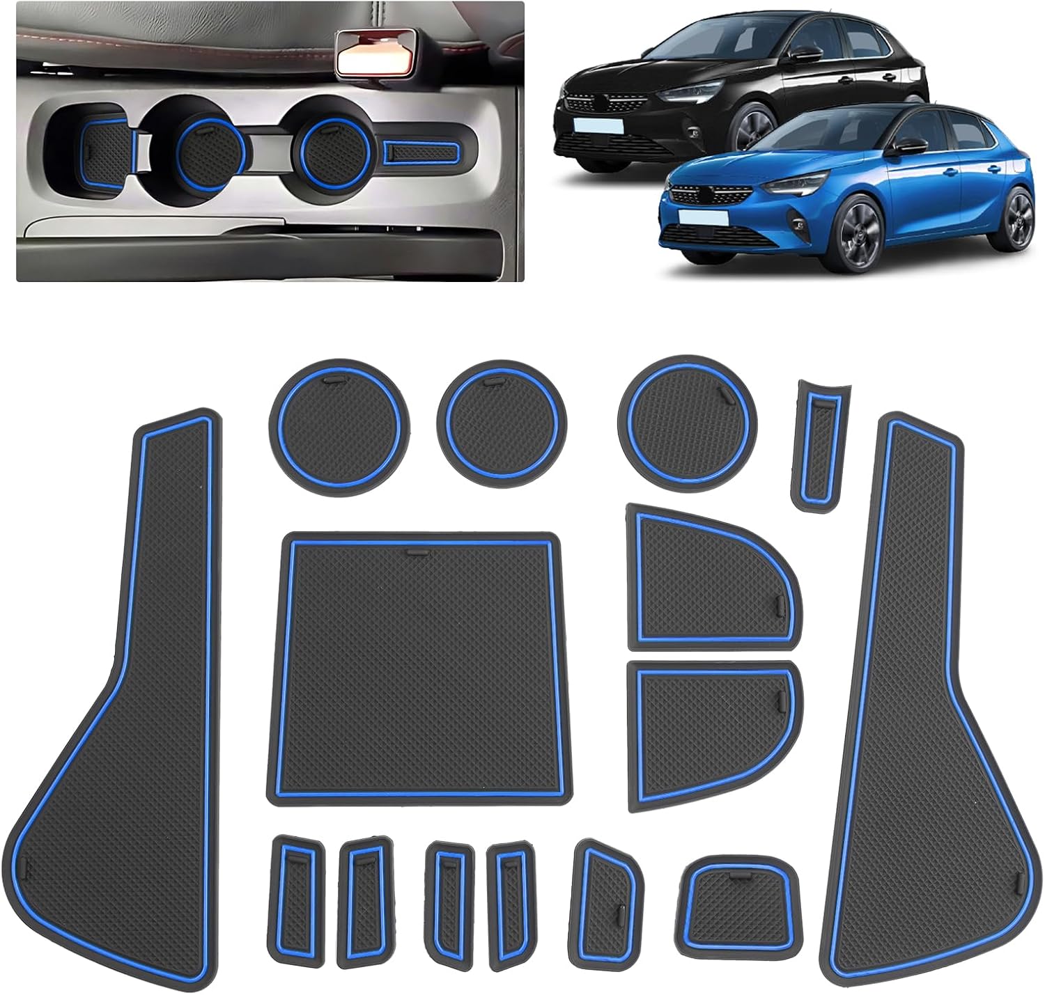 Car Non-Slip Mats for Opel Corsa F 2020-2025 Faithful Rubber Mat for Centre Console Cup Holder & Door Recesses Suitable for Opel Corsa Manual Brake Version Blue