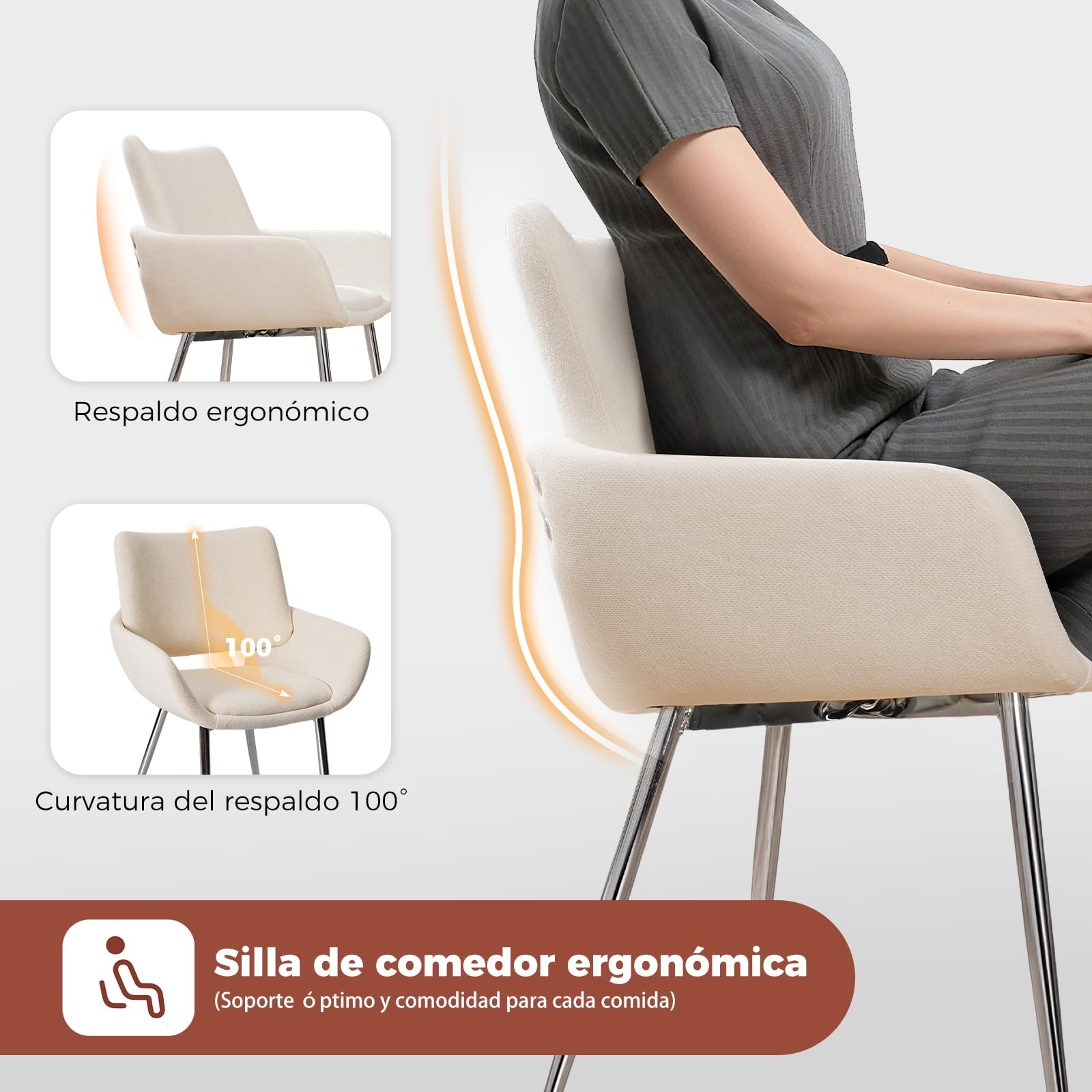ELUCHANG 4 Sillas de Comedor, Chenilla​ Blanco Hueso, con Respaldo y Reposabrazos,Patas metálicas, para Comedor, Tocador, Cocina, Estables 150 kg