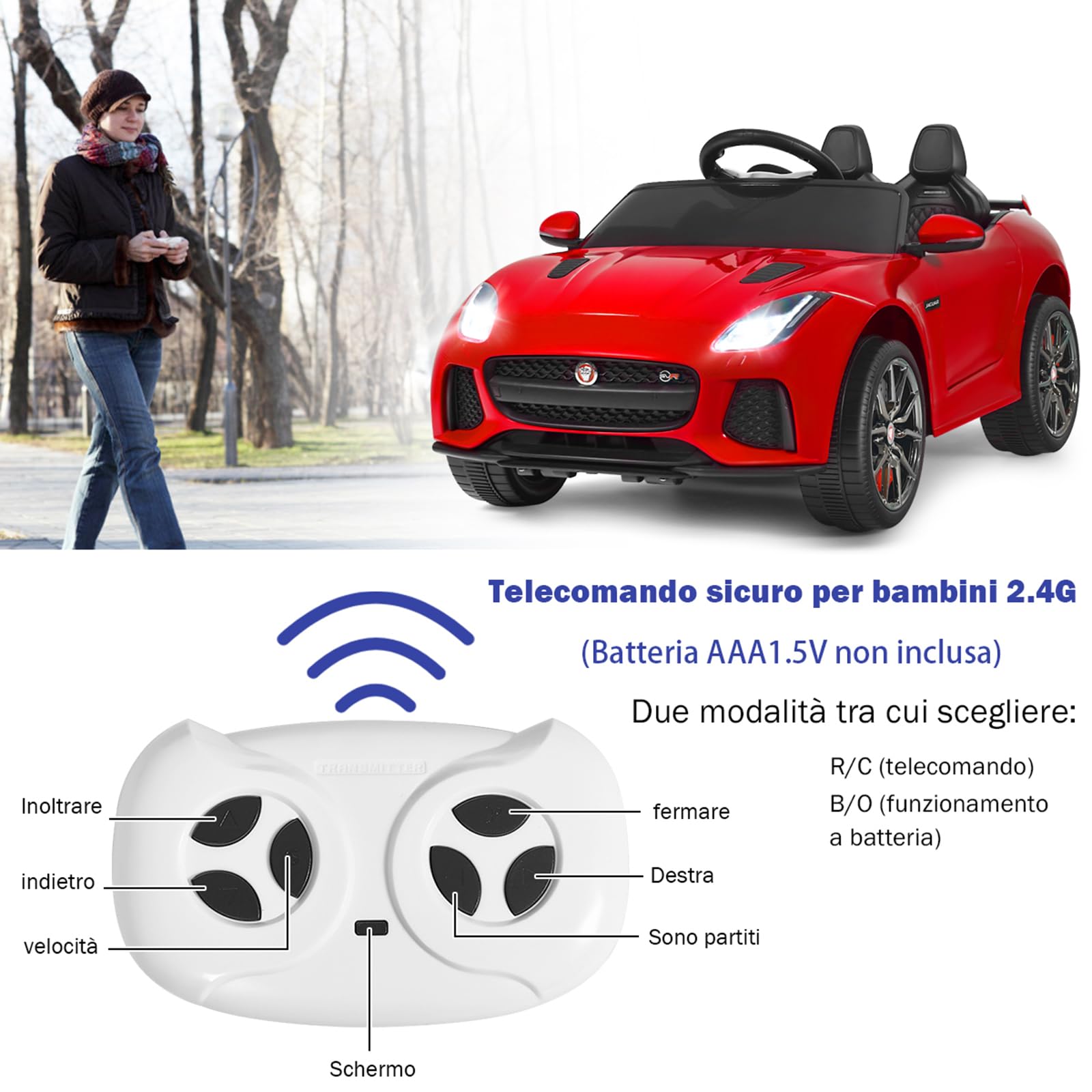 COSTWAY Jaguar Auto Elettrico 12 V per Bambini, Macchina Elettrica con Telecomando, con Luci Musica Storia, Avvio Lento, Velocità 3-5 km/h (Rosso)
