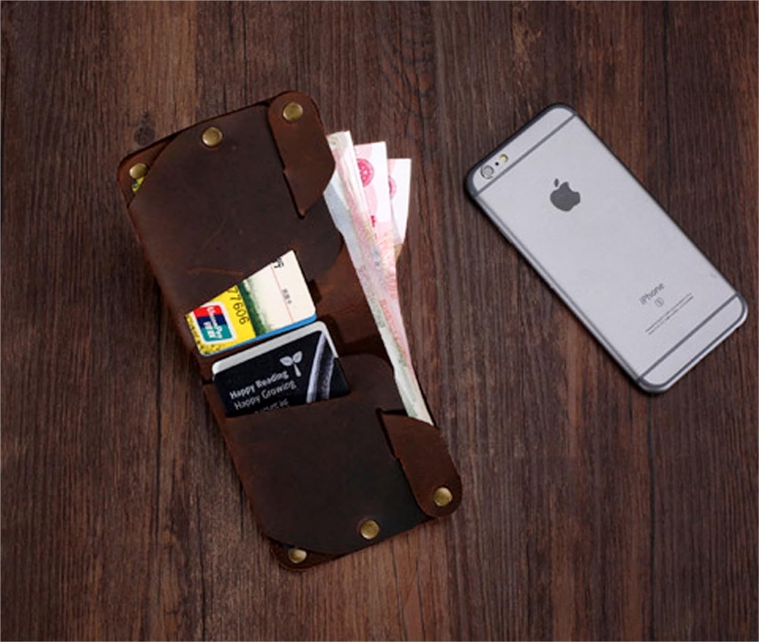 Punk Style Crazy Horse Leather Wallet - Men's Money Clip Card Holder with Stud Details(Coffee)