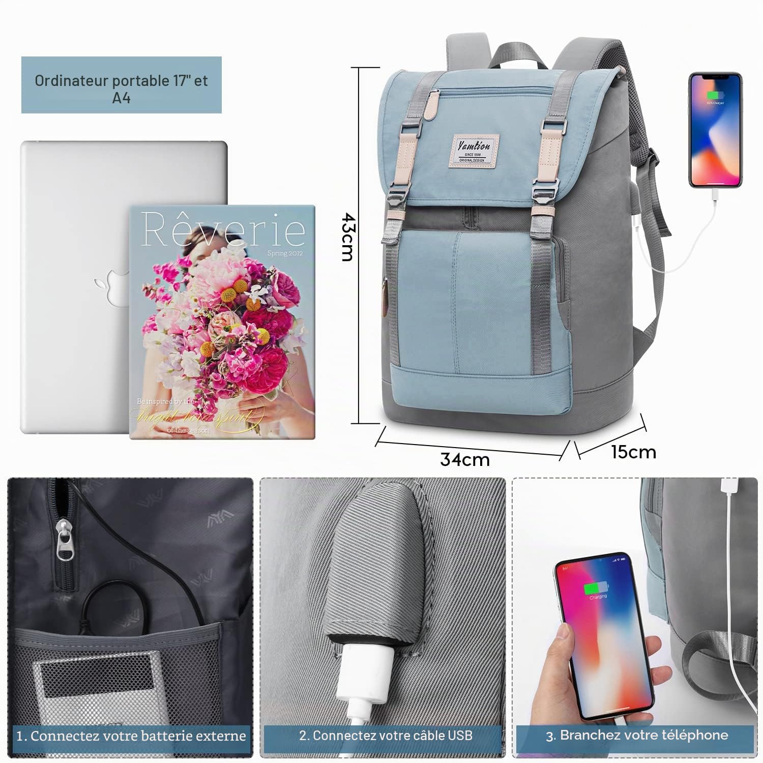 YAMTION Sac à Dos pour Ordinateur Portable 17" pour Homme et Femme avec Compartiment pour Ordinateur Portable pour École,Les Filles,Les Garçons,Les Adolescents