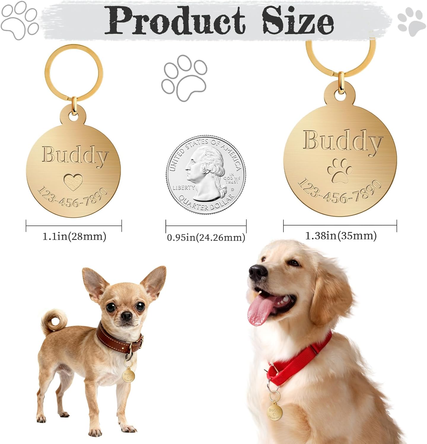 Personalized Dog Tags for Pets, Custom Solid Brass ID Tag for Dogs Cats, Deep Engraved Name Collar Tag, Durable Rust-Resistant (Round) - Image 3