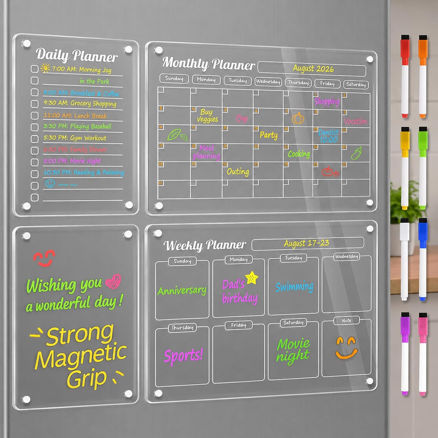 VNDUEEY Magnetic Fridge Calendar 4 Pack Clear Acrylic Dry Erase Whiteboard for Refrigerator Clear Monthly Weekly Daily Memo with 8 Color Markers for Chore Chart Events Shopping Lists Meal Kitchen