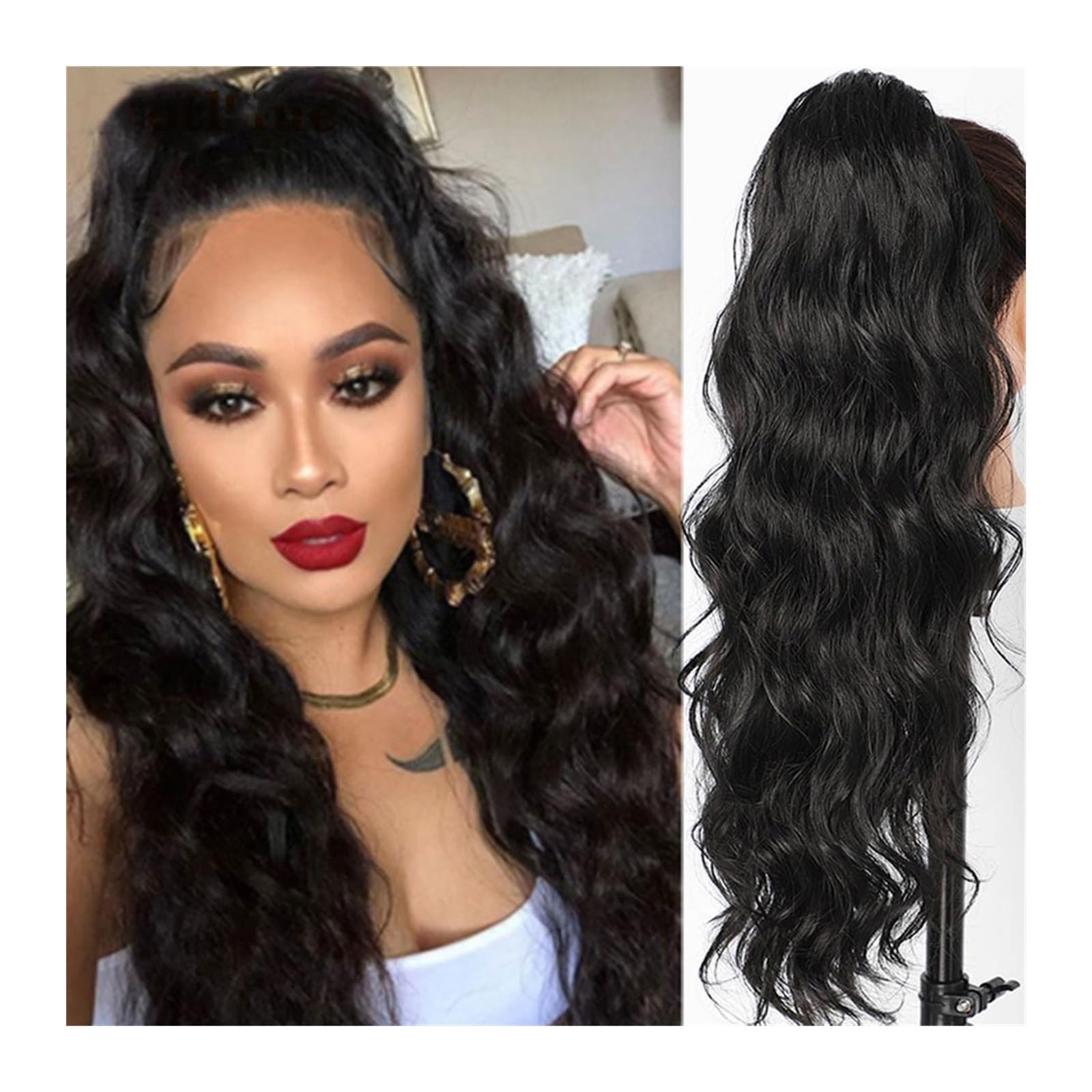Przedłużenie kucyka Body Wave dla kobiet Długie faliste kucyk Ludzkie włosy spinka do ściągania w treski Czarna fala doczepiana Afroamerykanin Kucyk do codziennego użytku(22inches)