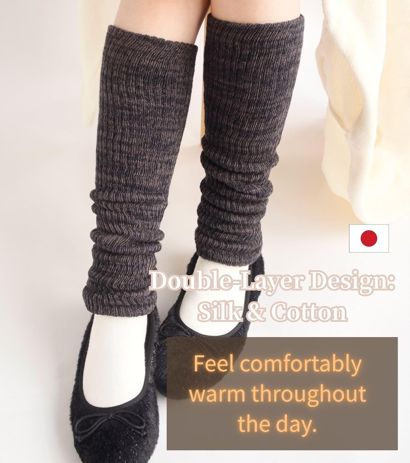[Made in Japan Silk & Cotton Double-Layer Leg Warmers – Soft, Warm & Breathable Knit – Non-Tight Fit, 40cm Long