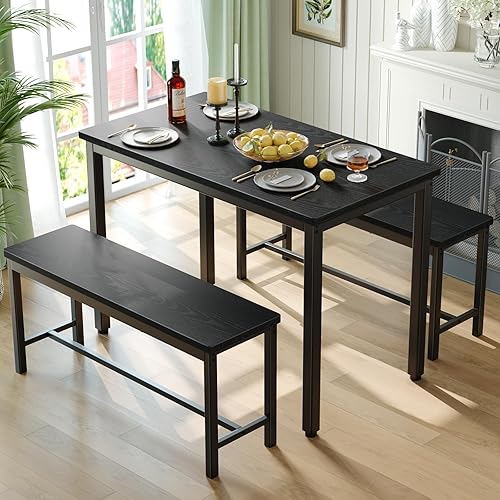 Tatub Juego de mesa de comedor para 4, mesa de cocina de 3 piezas con 2 bancos, juego de comedor que ahorra espacio para rincón de desayuno y Negro