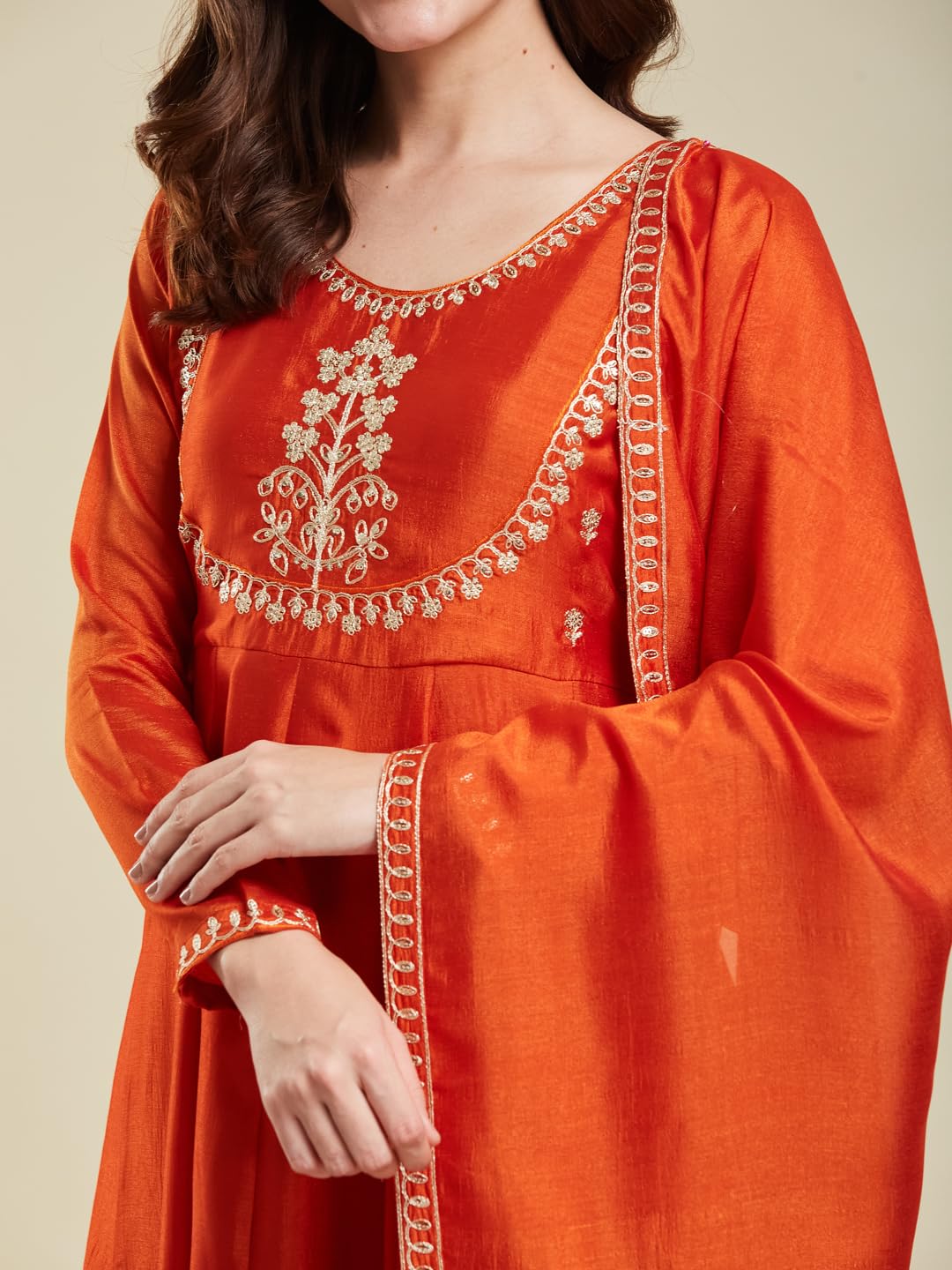 MOKOSH Women's Silk Anarkali & Pant with Dupatta Set (417-06-L_Orange) - Image 8 thumbnail