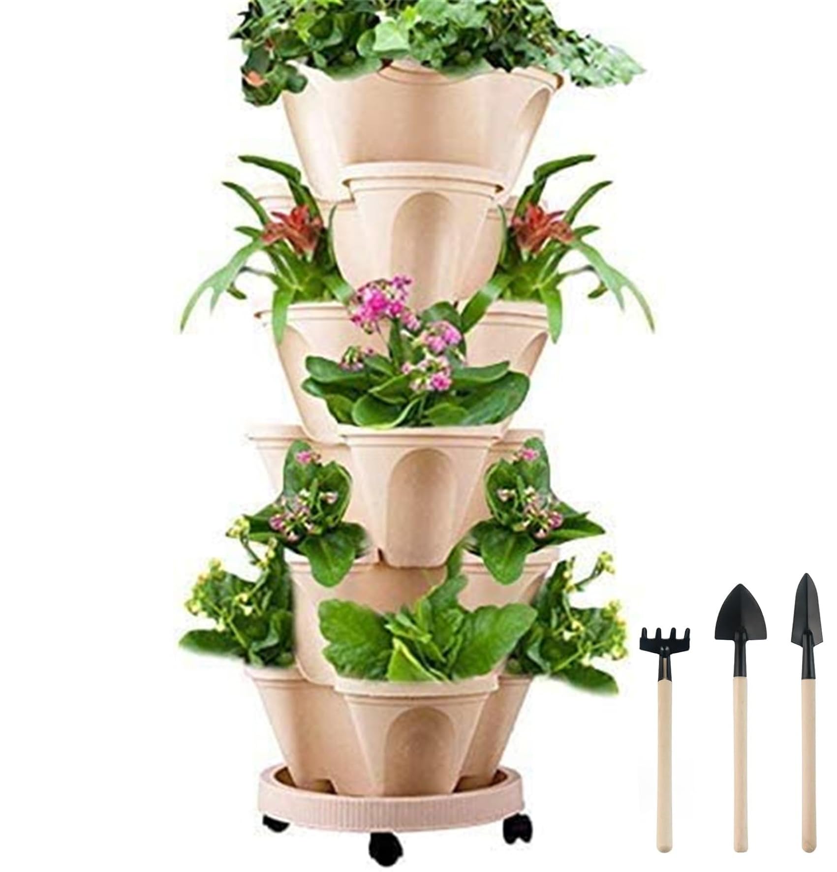Sthrucrack Macetas apilables de 6 niveles para jardín vertical, maceta apilable con ruedas extraíbles y herramientas de jardín, macetas de fresa, hierbas y verduras para plantas al aire libre (beige)