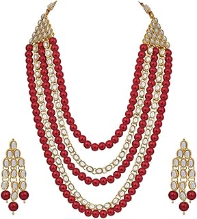 Kundan Pearl Long Multi Layered Necklace Earrings Set Indian Wedding Jewelry Gift for Women