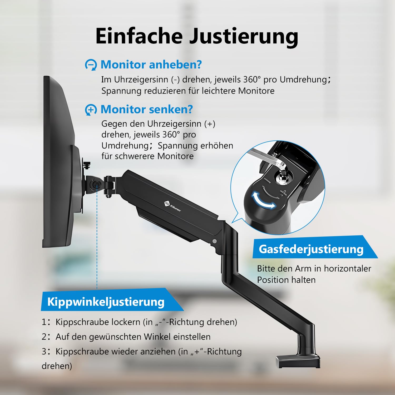 Einzel-Monitorhalterung für 13-32 Zoll Bildschirme, Gasfeder-Monitorarm mit höhenverstellbarer VESA-Halterung, Ständer hält 2-9 kg, Klemm-/Tülleninstallation
