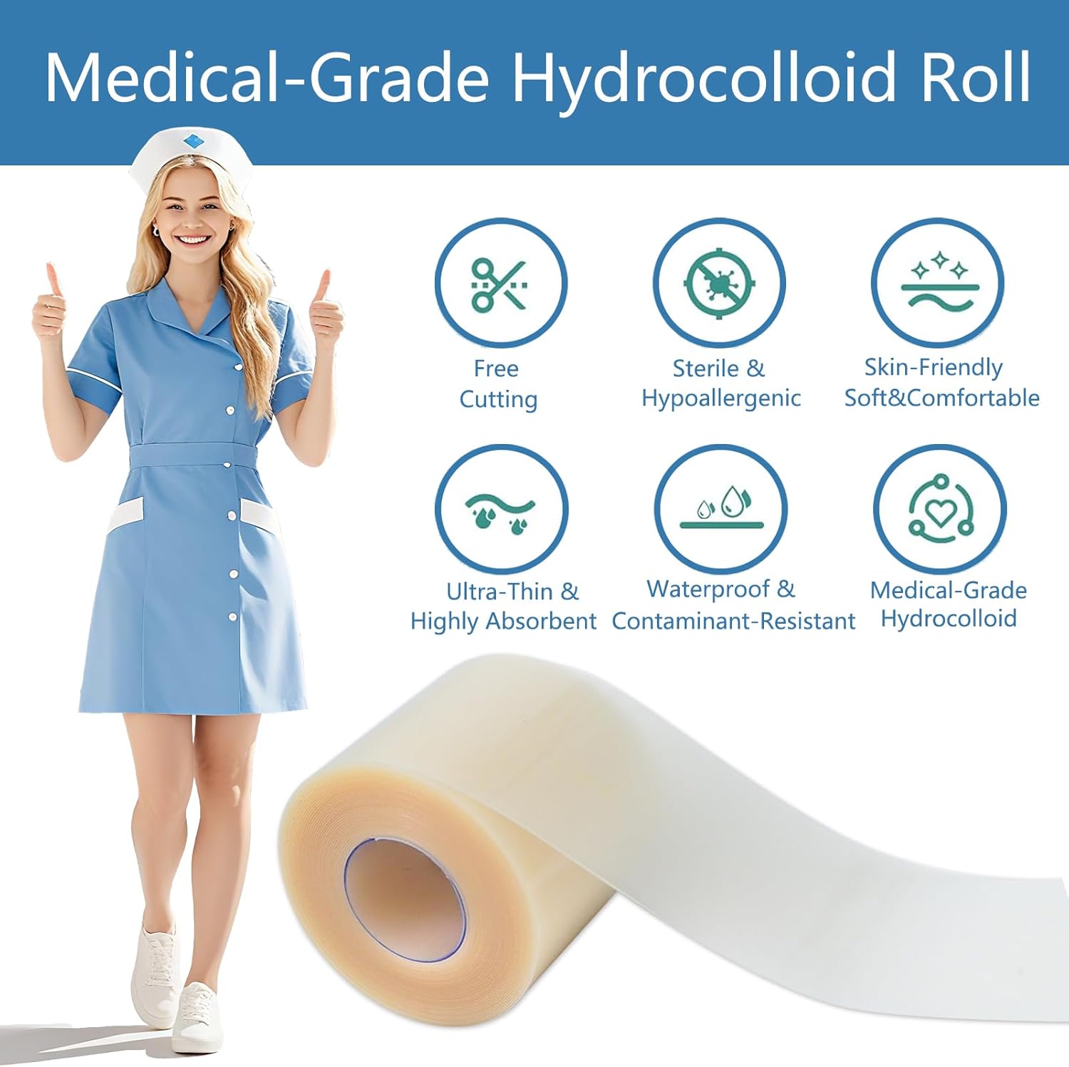 Hydrocolloid Roll for Wound Care – Cut-to-Size, Self-Adhesive Hydrocolloid Bandages for Burns, Blisters & Acne, Waterproof, Ultra-Absorbent, ER-Approved First Aid Essential 2 Rolls(2in*16ft)