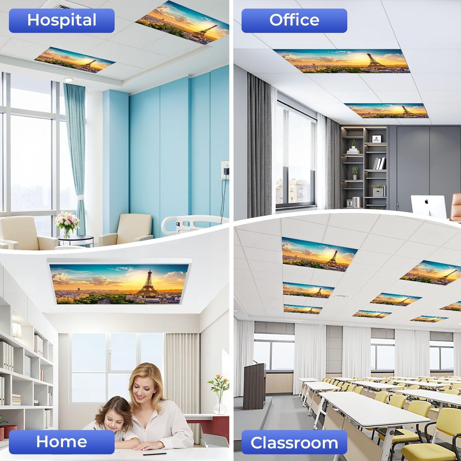4 Pcs Fluorescent Light Covers for Ceiling Lights Eiffel Tower Paris Skyline Dawn Decorative Magnetic Classroom Light Filters 4x2 ft for Office Hospitals Home