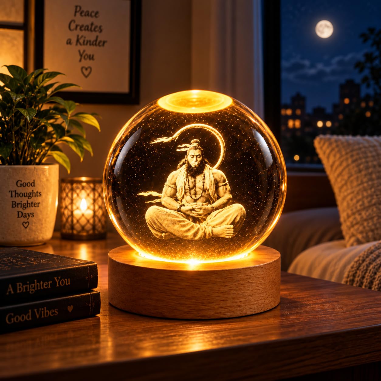 Meditating Hanuman Crystal Ball Lamp - USB LED -7