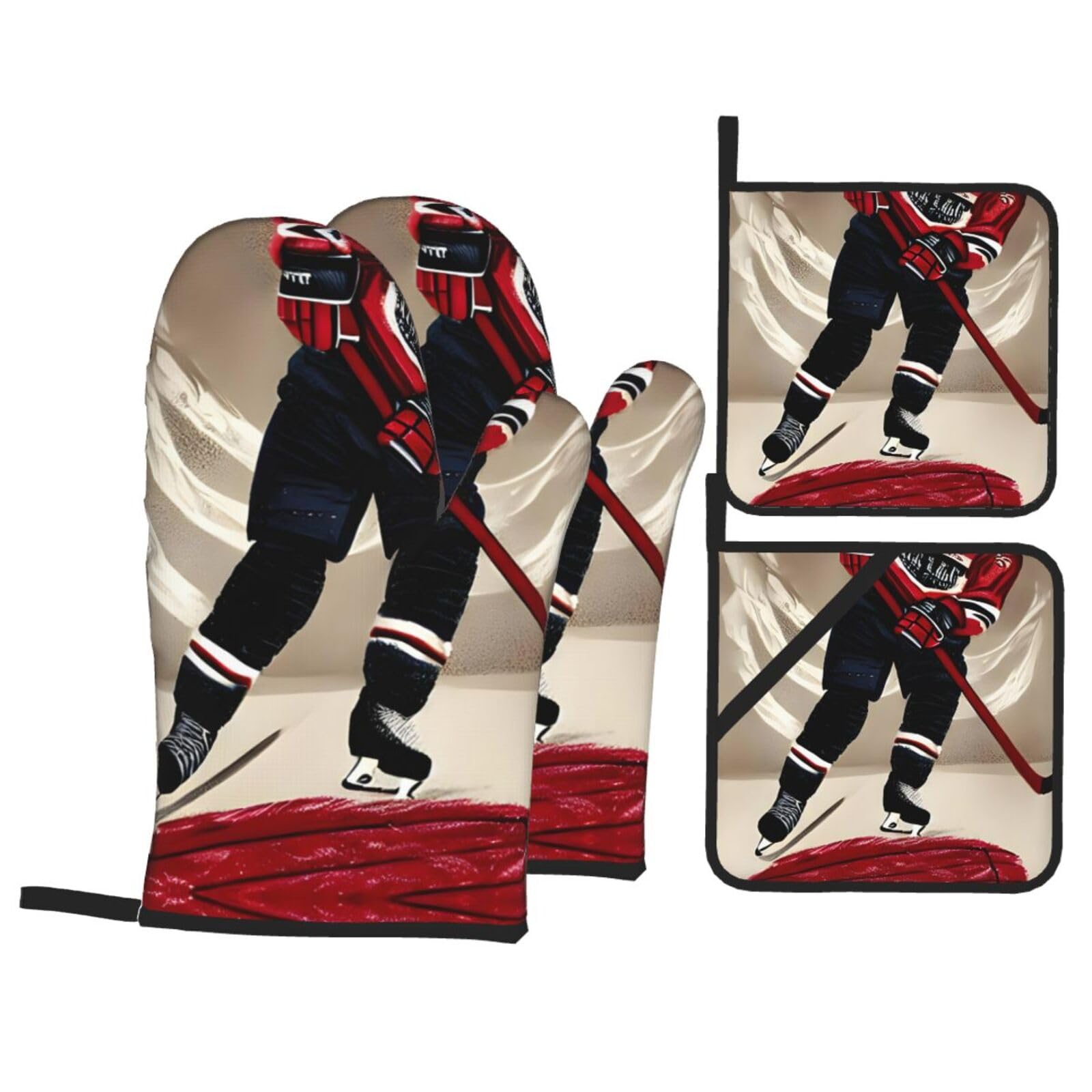 Nimongt Black Hockey Sports Print Heat-Resistant 4-Piece Oven Kitchen Gloves For Baking Cooking Microwaving Essentials