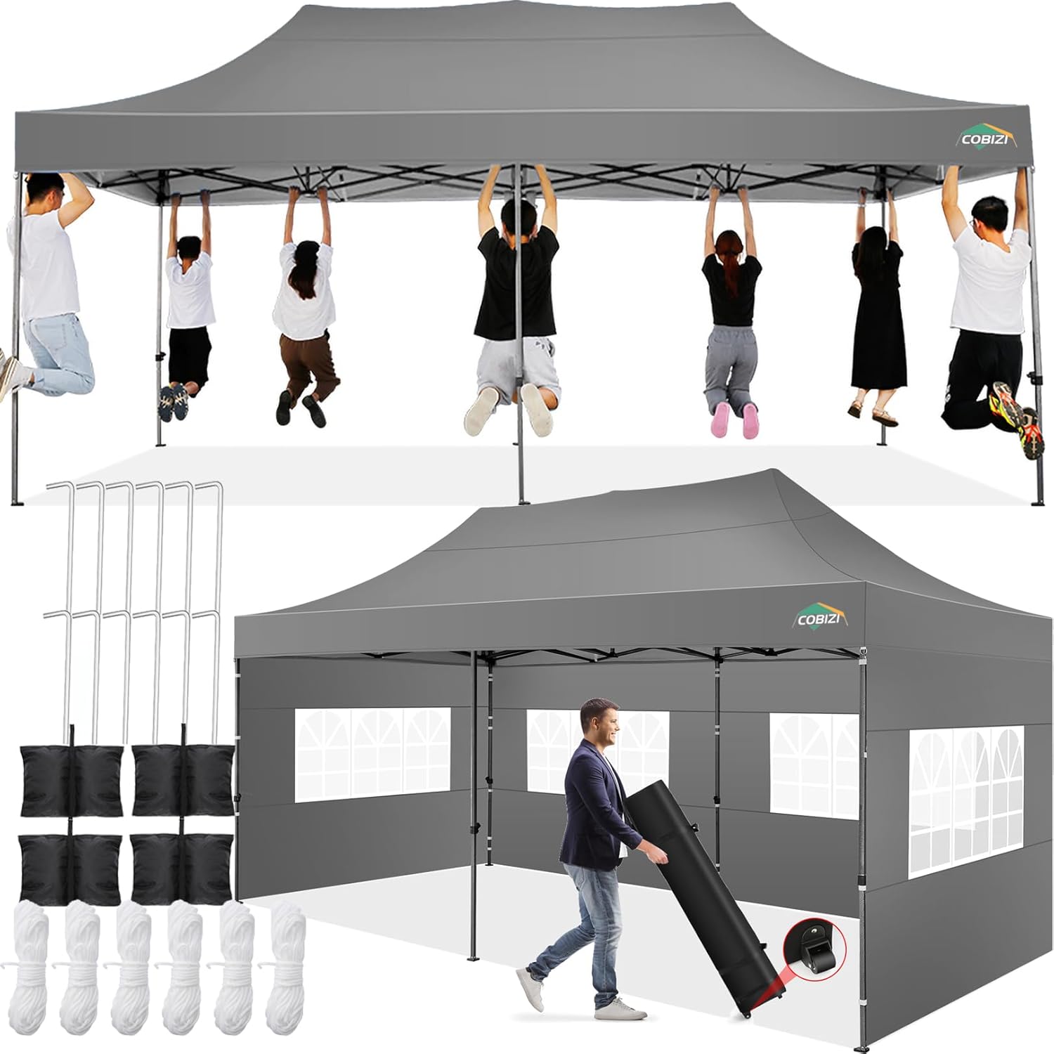 COBIZI 10x20 Pop up Canopy Tent 10x20 Canopy with 6 Sidewalls Waterproof Heavy Duty Commercial Tent for Parties Outdoor Garden Gazebo, Carry Bag with Wheel(10x20ft, Gray) Gray 10X20FT