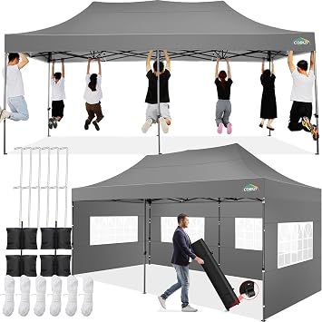 COBIZI 10x20 Pop Up Canopy Tent with 6 Sidewalls,Heavy Duty Canopy,Gray | Popup Gazebo,High Stability,All Season Wind&Waterproof,UPF 50+,Outdoor Wedding Backyard Deck Tent for Parties,with Roller Bag