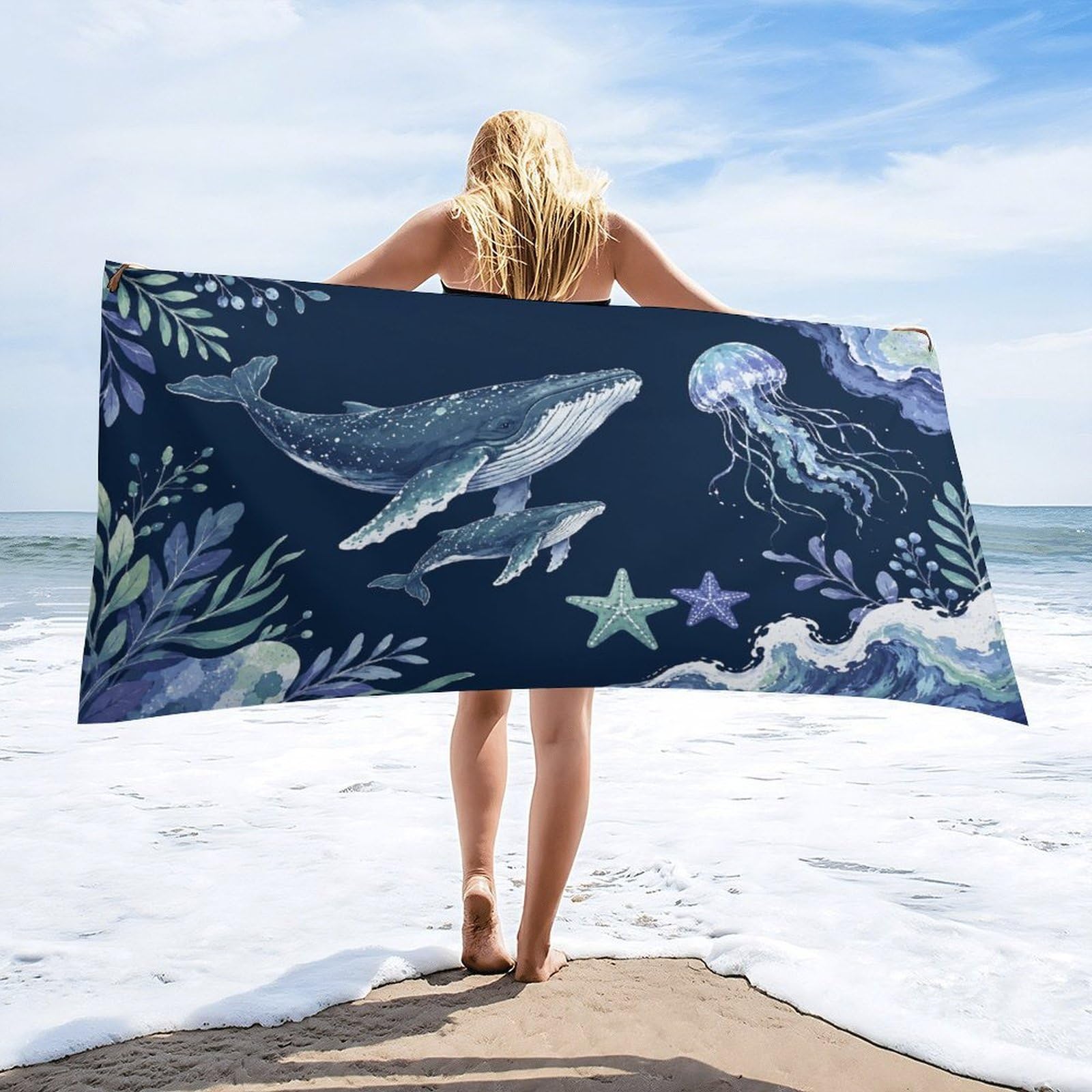 Anceky Whale Jellyfish Starfish Ocean Waves Beach Towel 30"×60",Soft Microfiber Bath Towel Shawl, Quick Dry Absorbent Pool Spa Gym Shower Towel