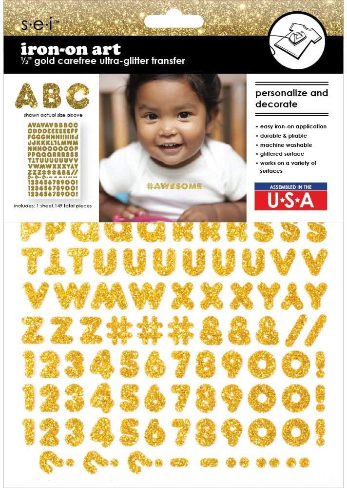 Sei 1/2 Inch Carefree Glitter Letters & Numbers Iron on Transfer, Gold, 1-Sheet
