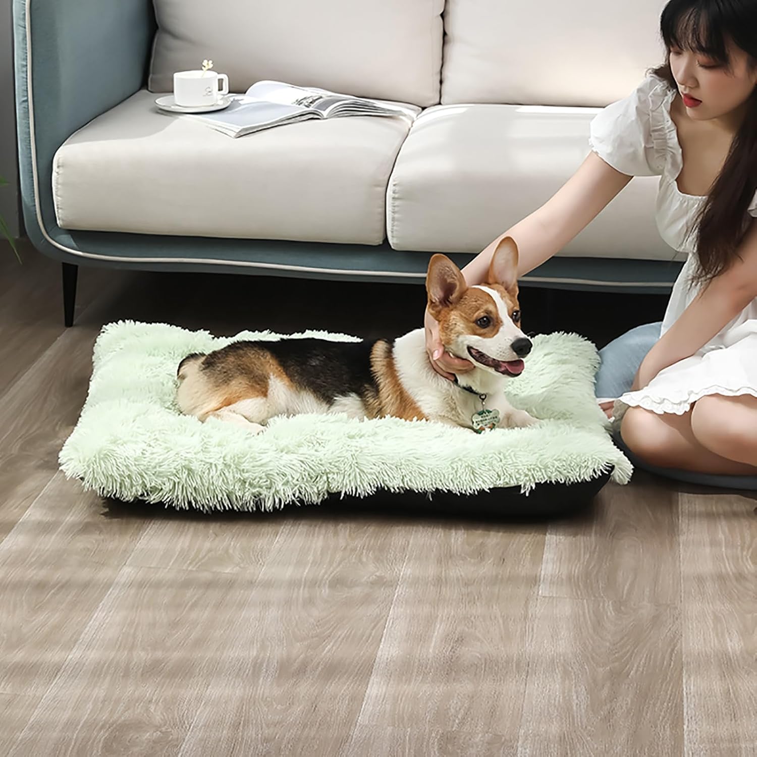 Dog Crate Mat, Dog Bed for Large Dogs, Comfy Fluffy Kennel Pad Anti-Slip for Dog beds & Furniture, Quilted Dog Bed for Pets for Medium/Small Dogs Cats (Color : Green 1, Size : 25x18)