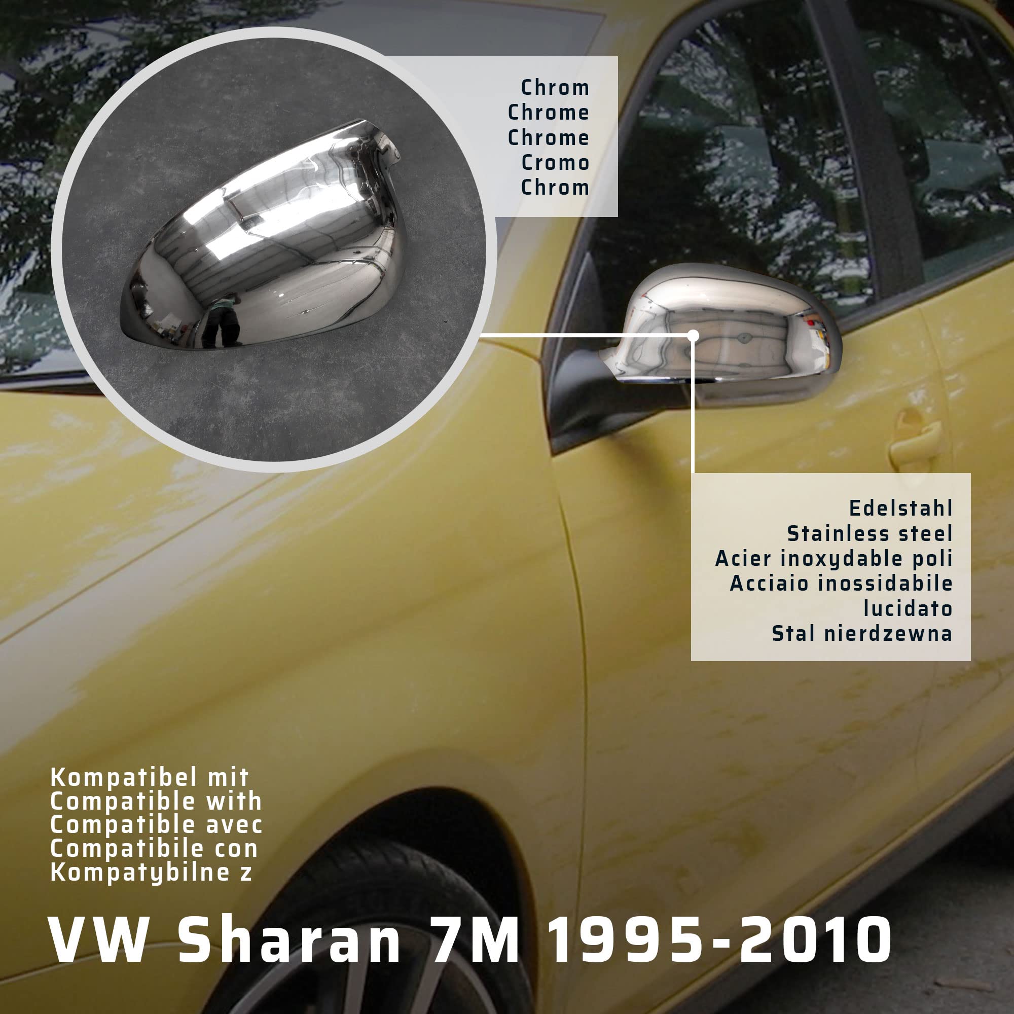 CHROMEMASTER | Nakładki na Lusterka Zewnętrzne | Kompatybilne z VW Sharan 7M 1995-2010 | Stal nierdzewna; Osłony Lusterek to Niepowtarzalny Wygląd Auta i Ochrona Przed Uszkodzeniem