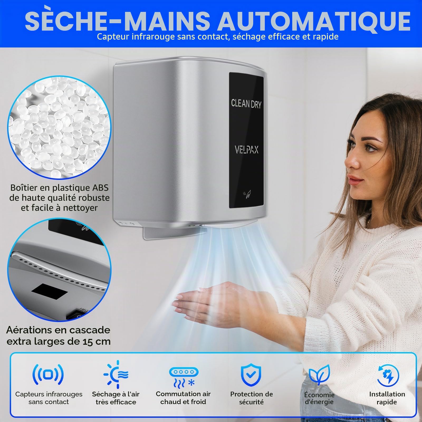 VELPAX Sèche-Mains 10 Secondes pour sécher,1400w Sèche-Mains électrique à économie d'énergie Automatique à Grande Vitesse,Convient Sèche-Mains Commercial pour Salle de Bain et Toilettes