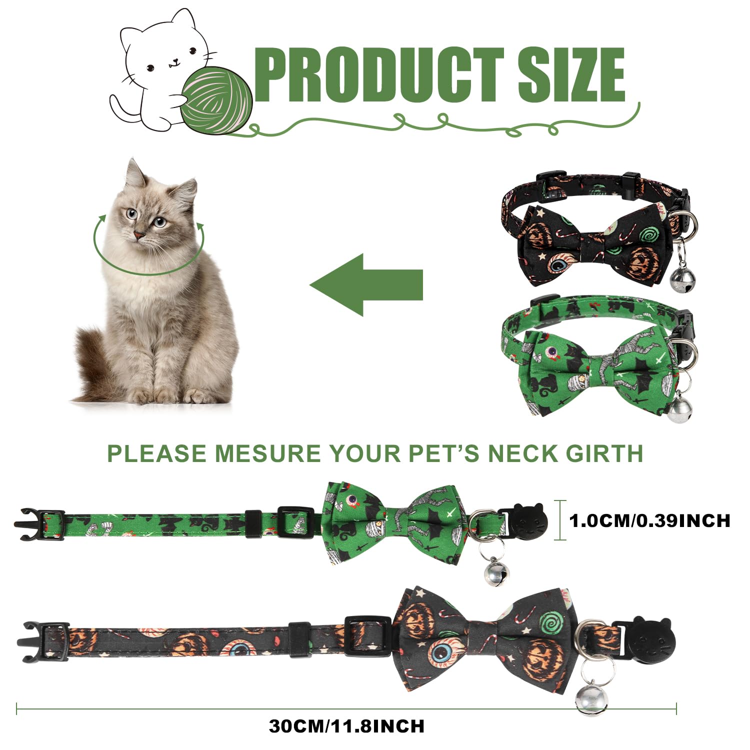 LUTER Halloween Cat Collar, 11.8x0.39 Inch Adjustable Kitty Collar with Bell, Bow Tie, Pumpkin Print - Green & Black - Image 2