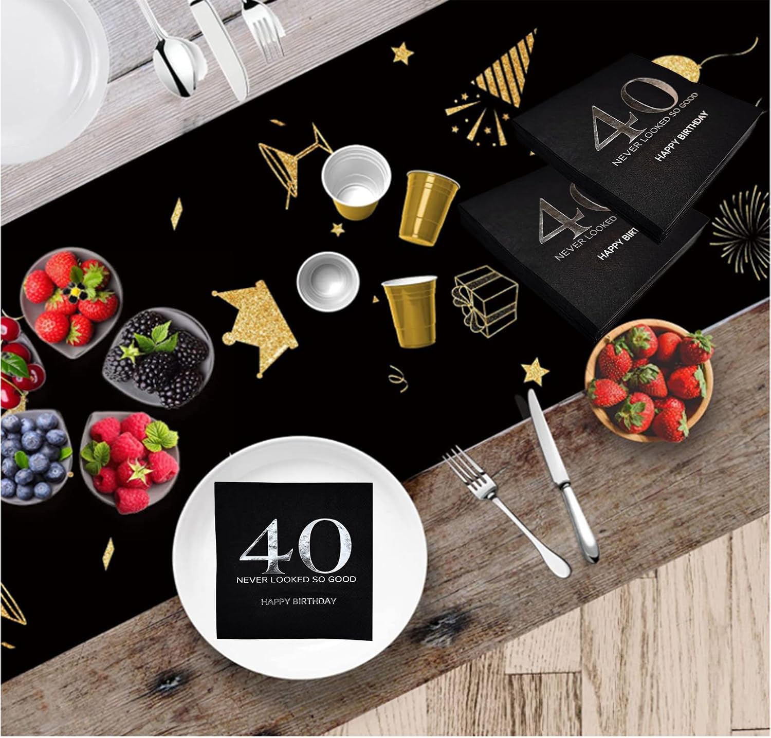 Black and Silver Happy 40th Birthday Disposabel Napkins,40th Birthday Party Decoration Dessert Beverage Cocktail Cake Napkins 40pcs