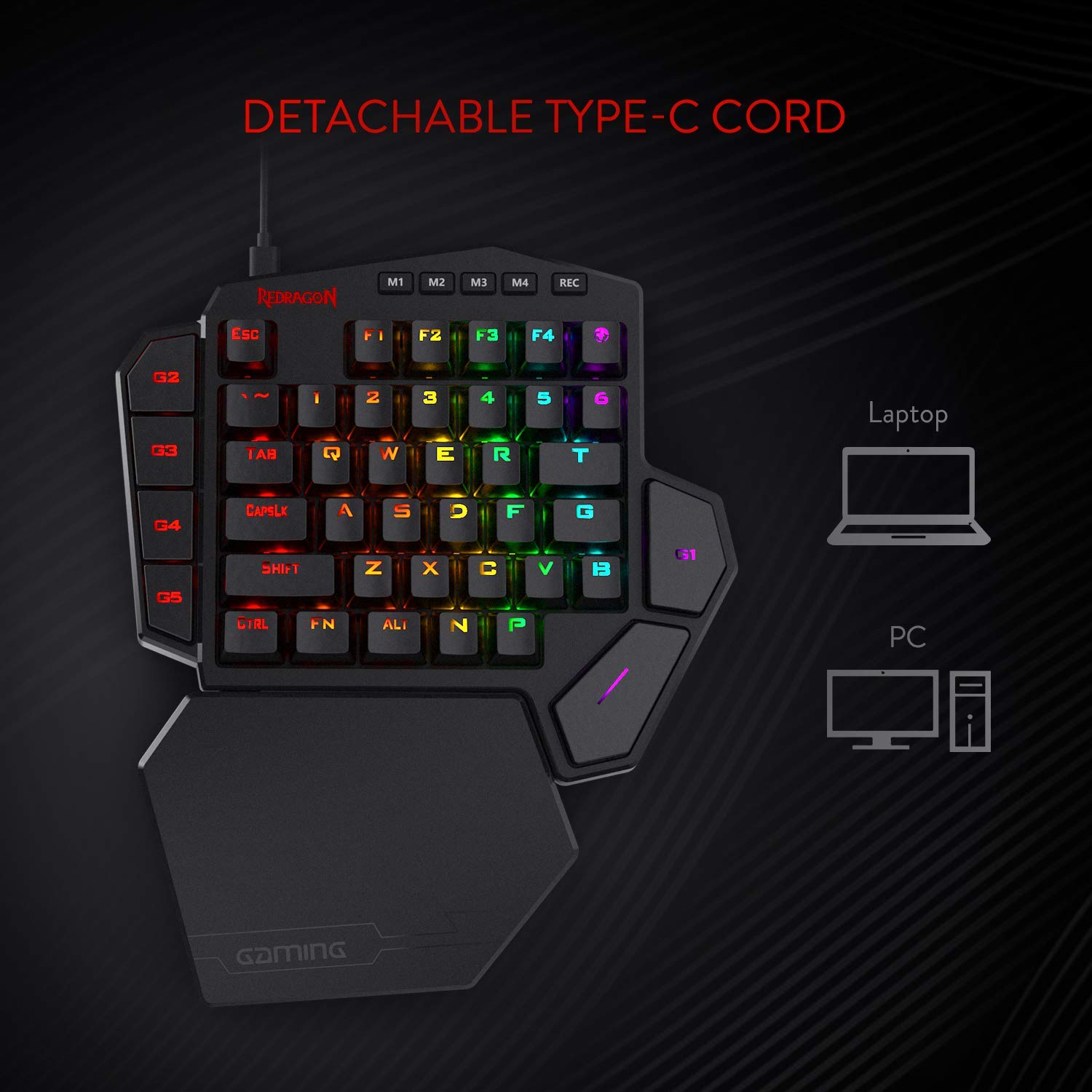 Redragon K585 DITI Teclado mecánico RGB para Juegos con una Sola Mano, 42 Teclas Tipo C, Teclado Profesional para Juegos con Enchufe Intercambiable en Caliente Mejorado, 7 Teclas Macro, US Layout