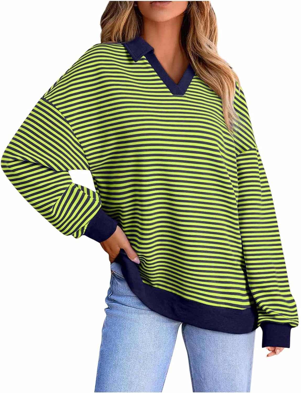 Womens Striped Sweatshirts V Neck Collared Casual Long Sleeve Tops Shirts Fall Fashion Outfits Winter Clothes
