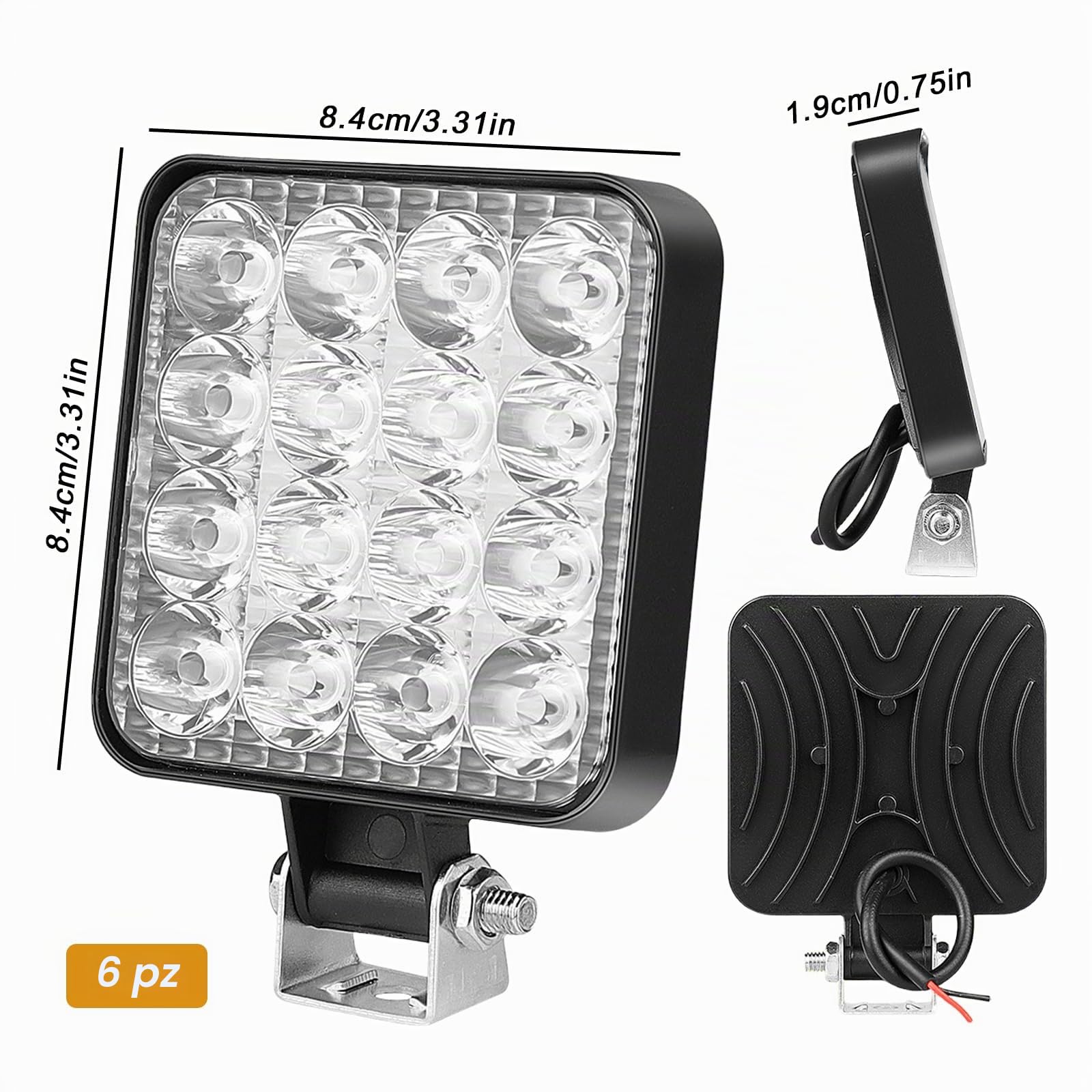Sporgo 6 pezzi di fari da lavoro LED: fari LED quadrati 12V 48W, fari supplementari fuoristrada e retromarcia IP67 impermeabili per escavatori, trattori, cingolati, ATV, camion fuoristrada, luce