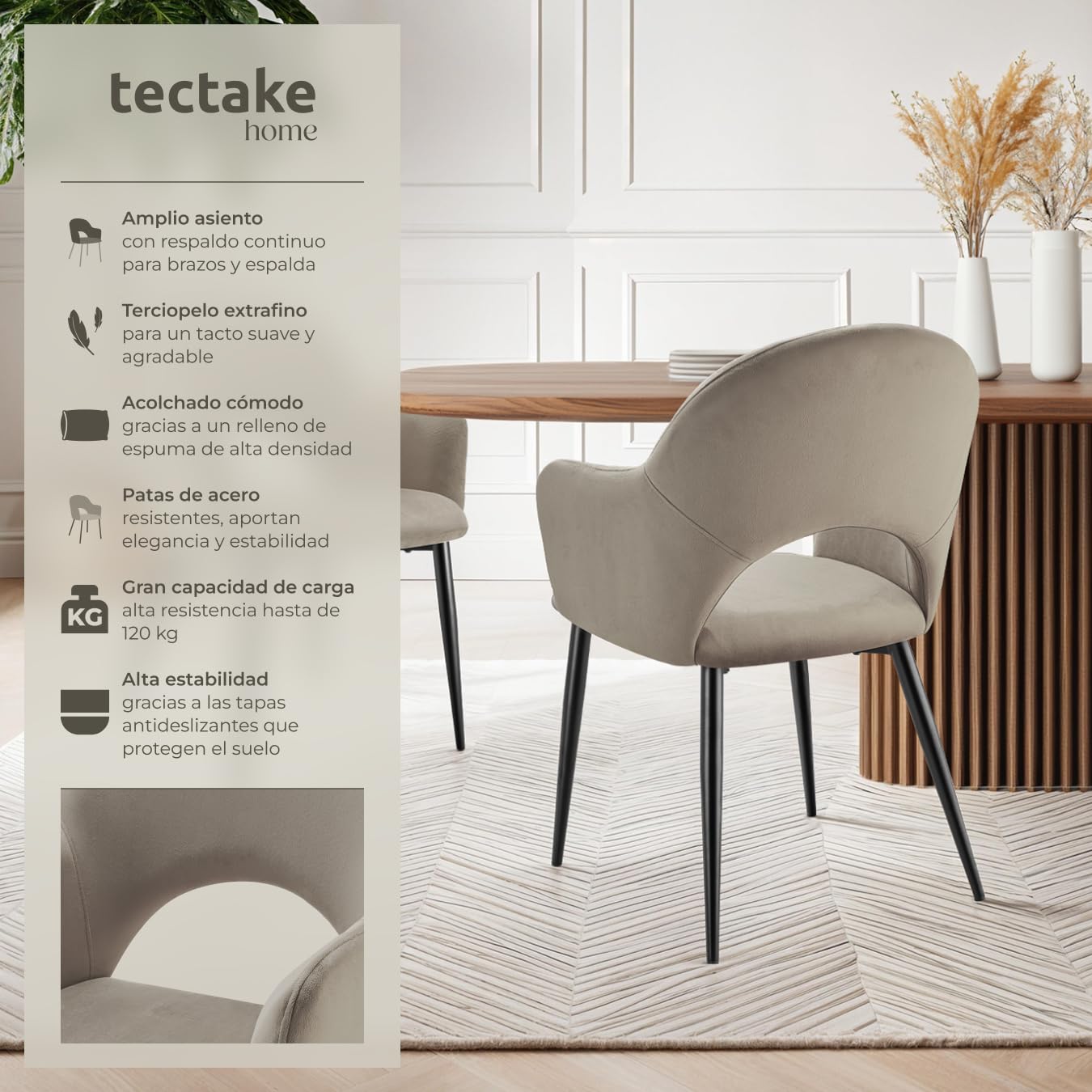 tectake® sillas de Comedor Elegantes, Terciopelo, Silla Comedor nordica, Silla de Cocina Acolchada con reposabrazos, sillas Comedor Modernas con Patas de Acero Antideslizantes - 4 Sillas Gris Topo