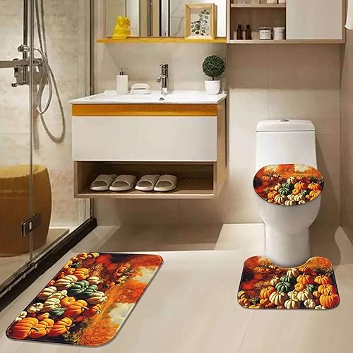 Miniatura 6 de ArtSocket Juego de baño de Acción de Gracias con cortina de ducha y alfombras y accesorios, juego de cortinas de ducha naranja cosecha de madera