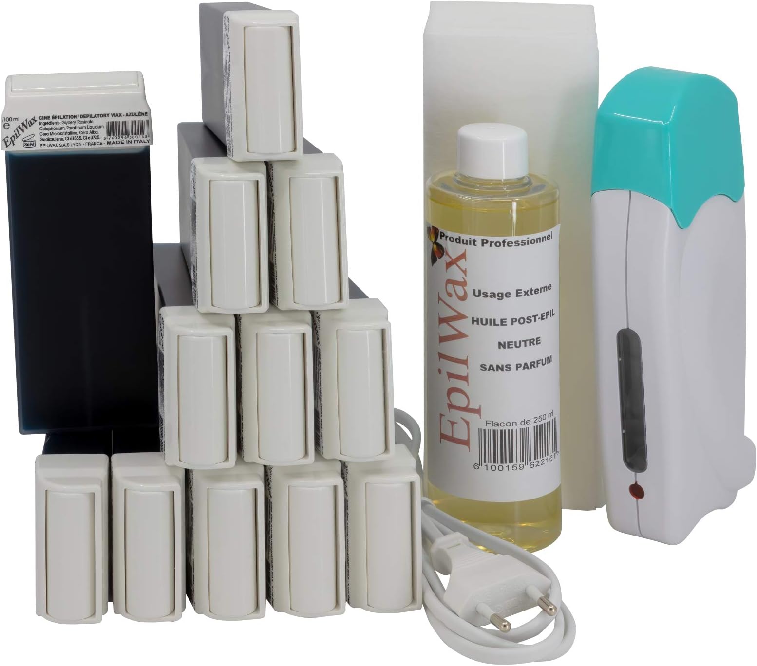 EpilWax Complete Hair Removal Waxing Kit - with 12 Azulene Wax Roll-on Cartridges, Roll On Wax Heater, 100 Strips and Waxing Oil