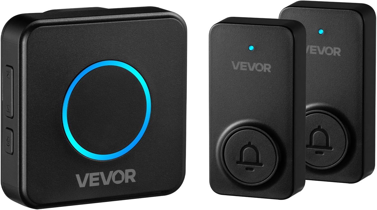 VEVOR Wireless Doorbell Kit, IP54 Waterproof Door Chime Ranges up to 1000 ft, 5 Adjustable Volumes, 48 Ringtones, Easy Installation, Wireless Doorbell Ideal for Home, Doorway, Classroom, Office, Black