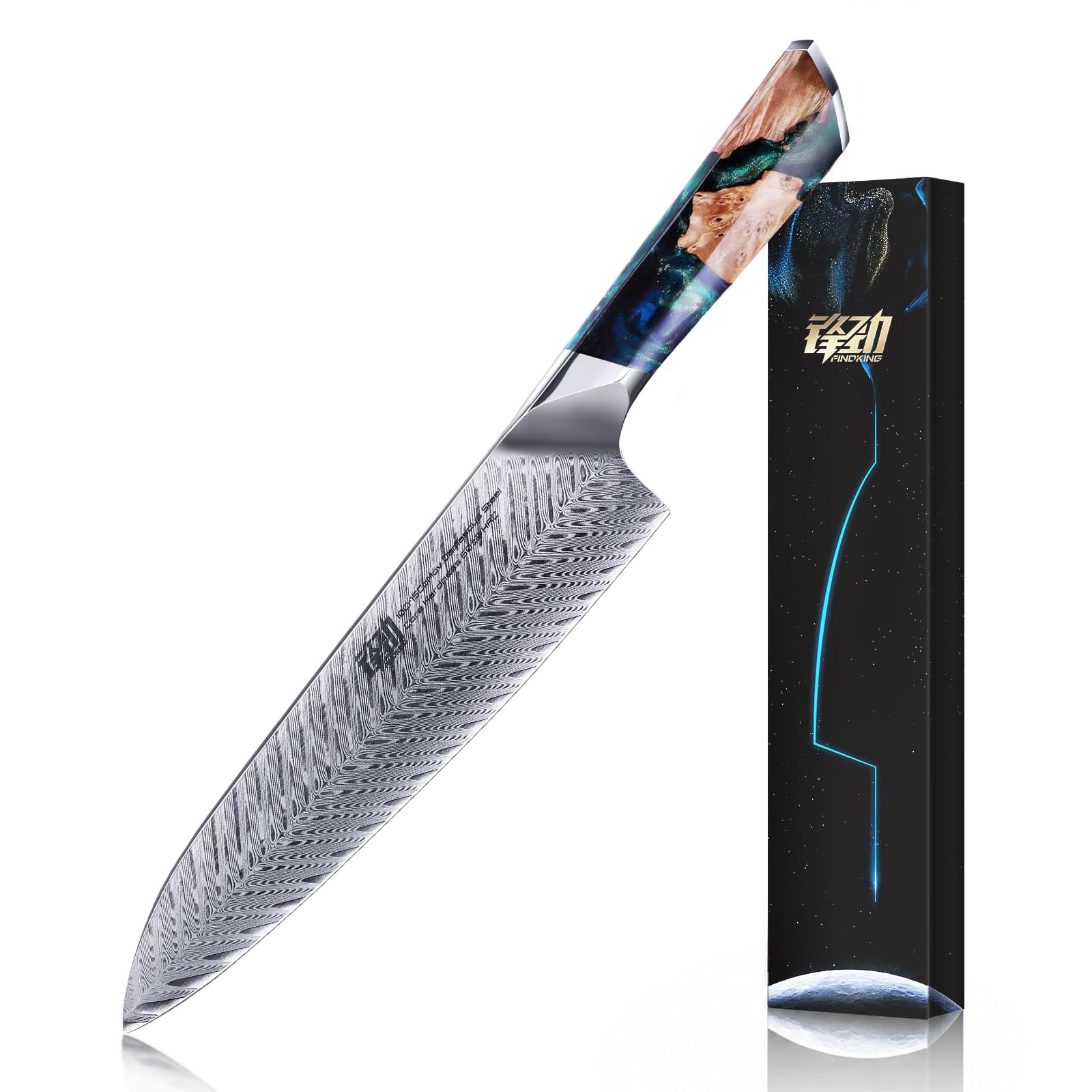 FINDKING Nebula Series Chef Knife with ABS Sheath, Multipurpose Japanese Gyuto Knife, 10Cr15CoMov Damascus Steel Blade, Resin and Figured Sycamore wood Handle, Full Tang, 8 Inch, Blue, for Meat